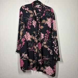 Anthology Plus Size 20 Neck Bow Button Up Tunic Shirt Black Pink Long Sleeves